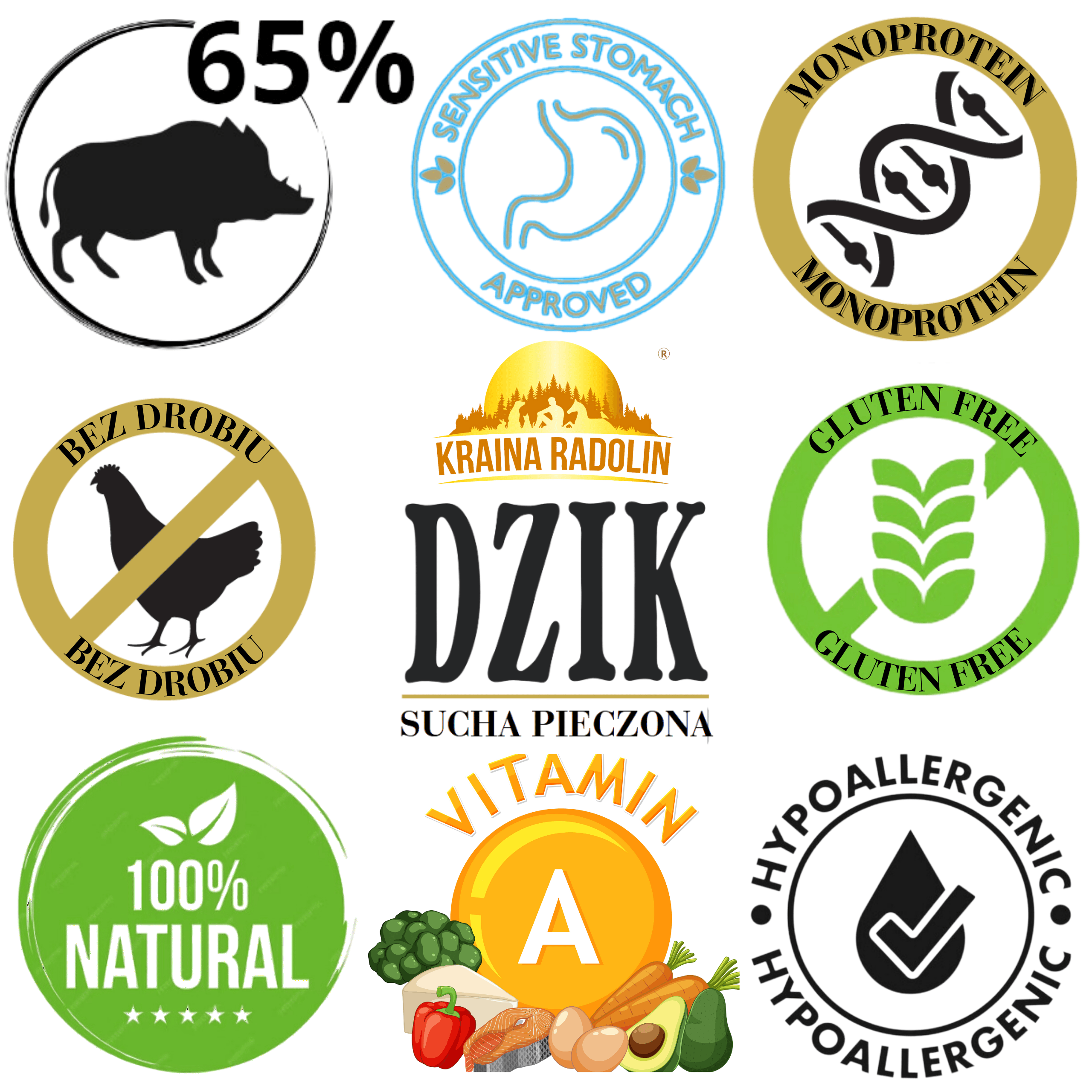 Kraina Radolin Dzik 1,2 kg rasy większe dla psów z alergią i nadwrażliwością 65% mięsa karma sucha pieczona