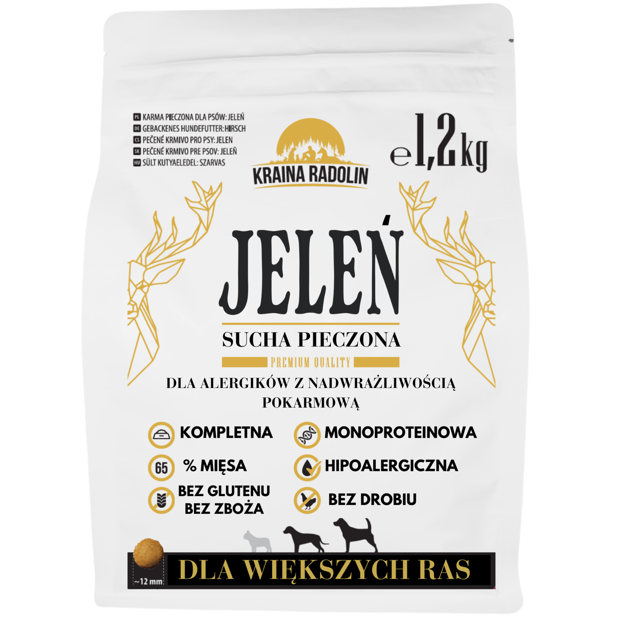 Kraina Radolin Jeleń 1,2 kg rasy większe karma sucha pieczona 65% mięsa dla psów z alergia i nadwrażliwością