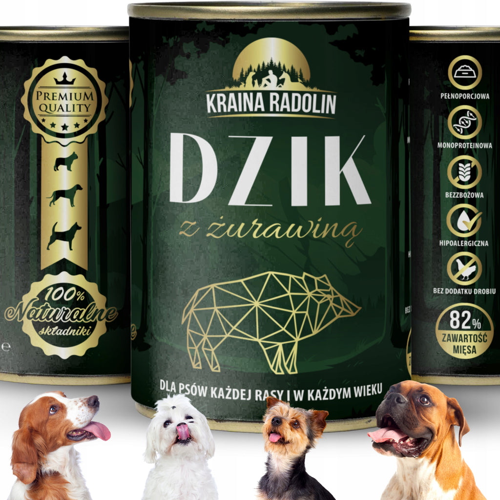 Kraina Radolin Dzik z żurawiną 400g 82% mięsa karma mokra dla alergików z nadwrażliwością pokarmową