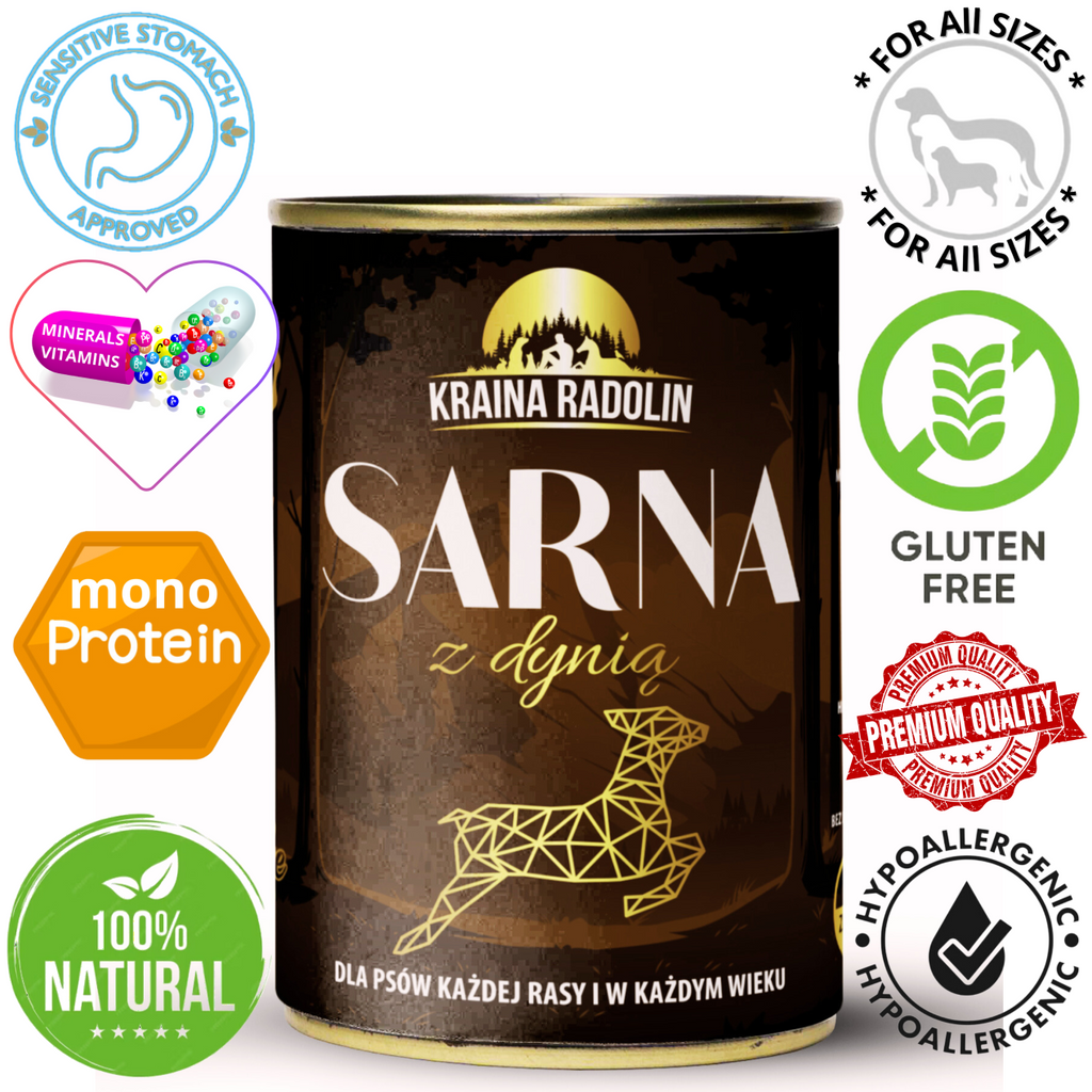 Kraina Radolin Sarna z dynią 400g 84% mięsa karma mokra dla alergików z nadwrażliwością pokarmową