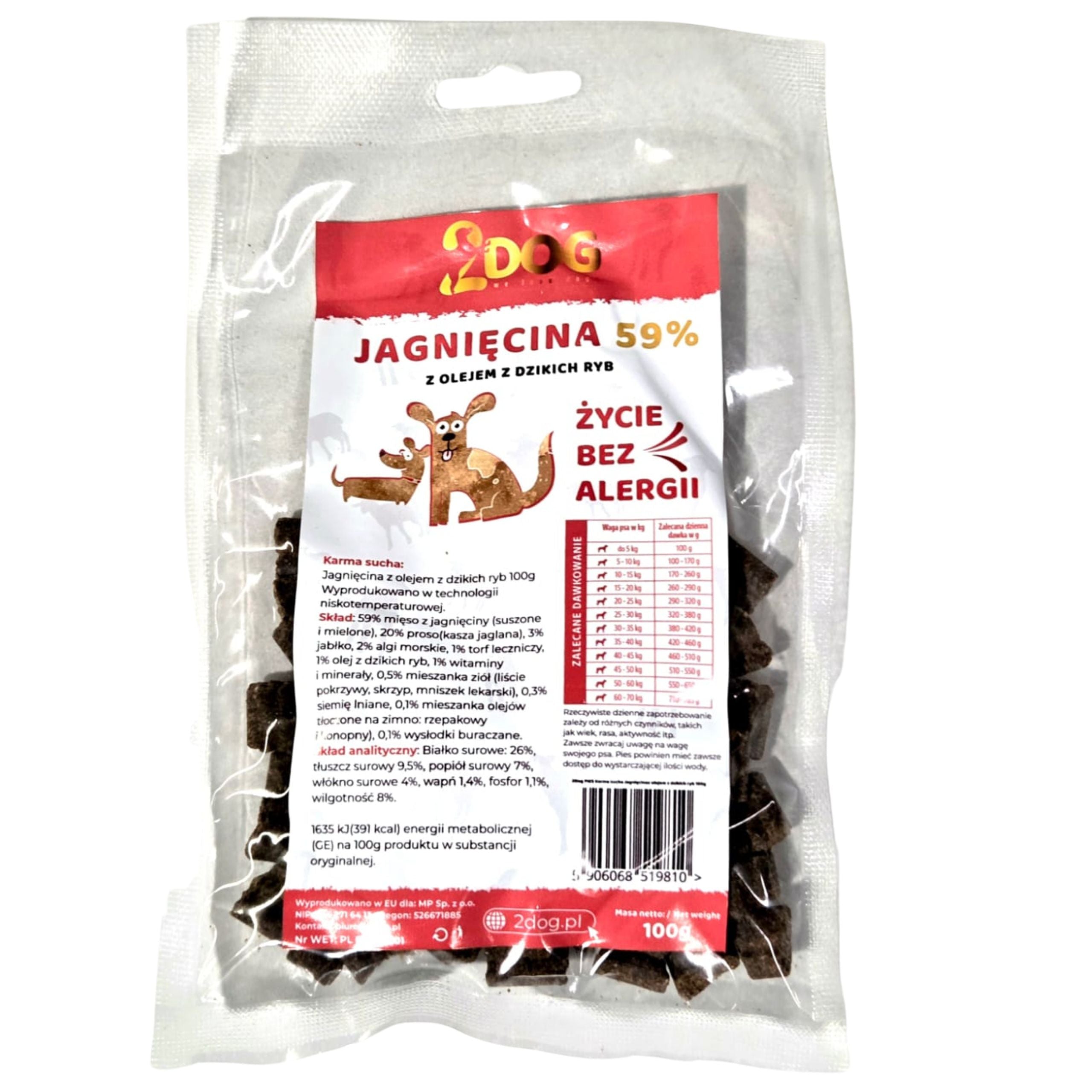 SUCHA KARMA DLA PSA 2Dog JAGNIĘCINA 100g ZIMNOTŁOCZONA HIPOALERGICZNA