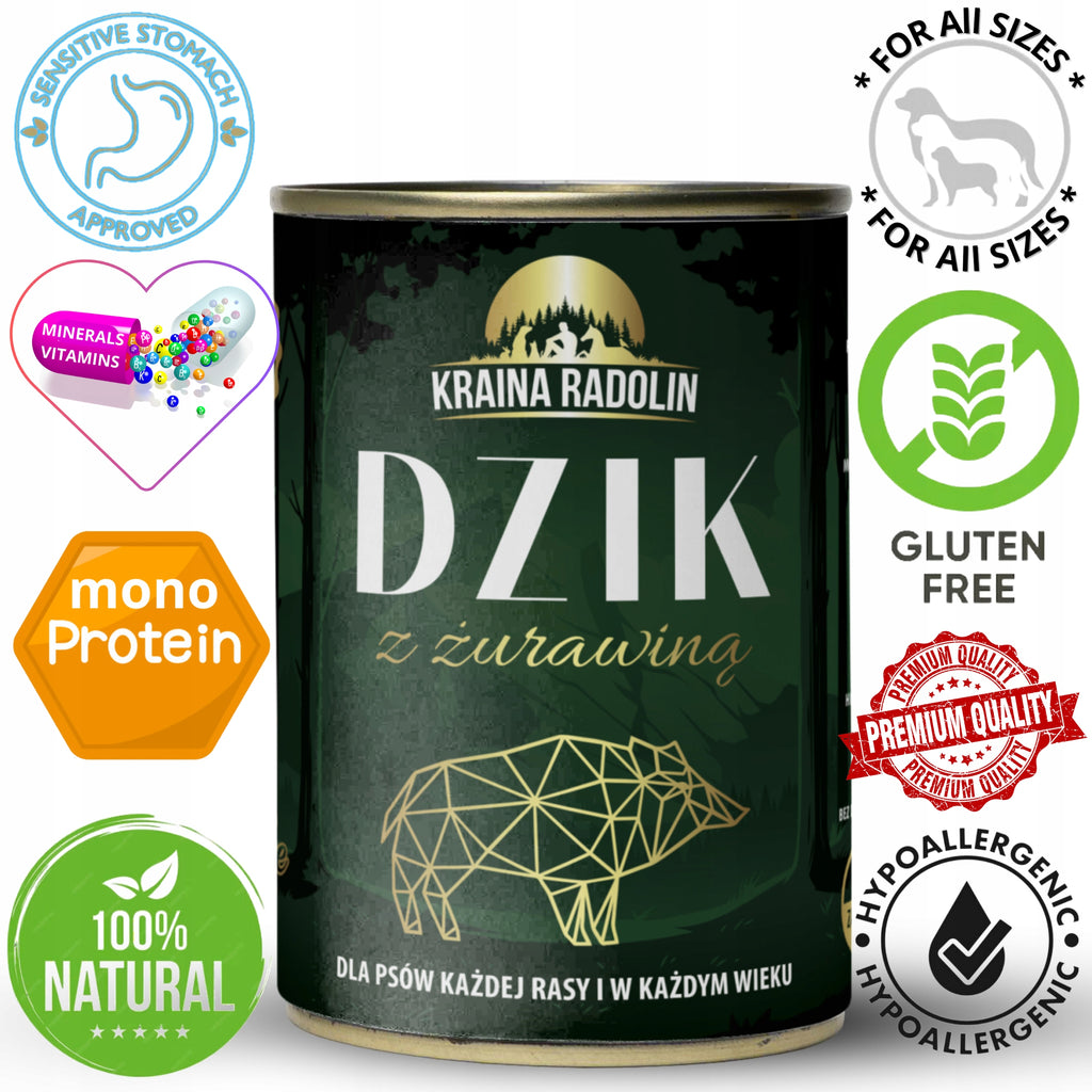Kraina Radolin Dzik z żurawiną 400g 82% mięsa karma mokra dla alergików z nadwrażliwością pokarmową