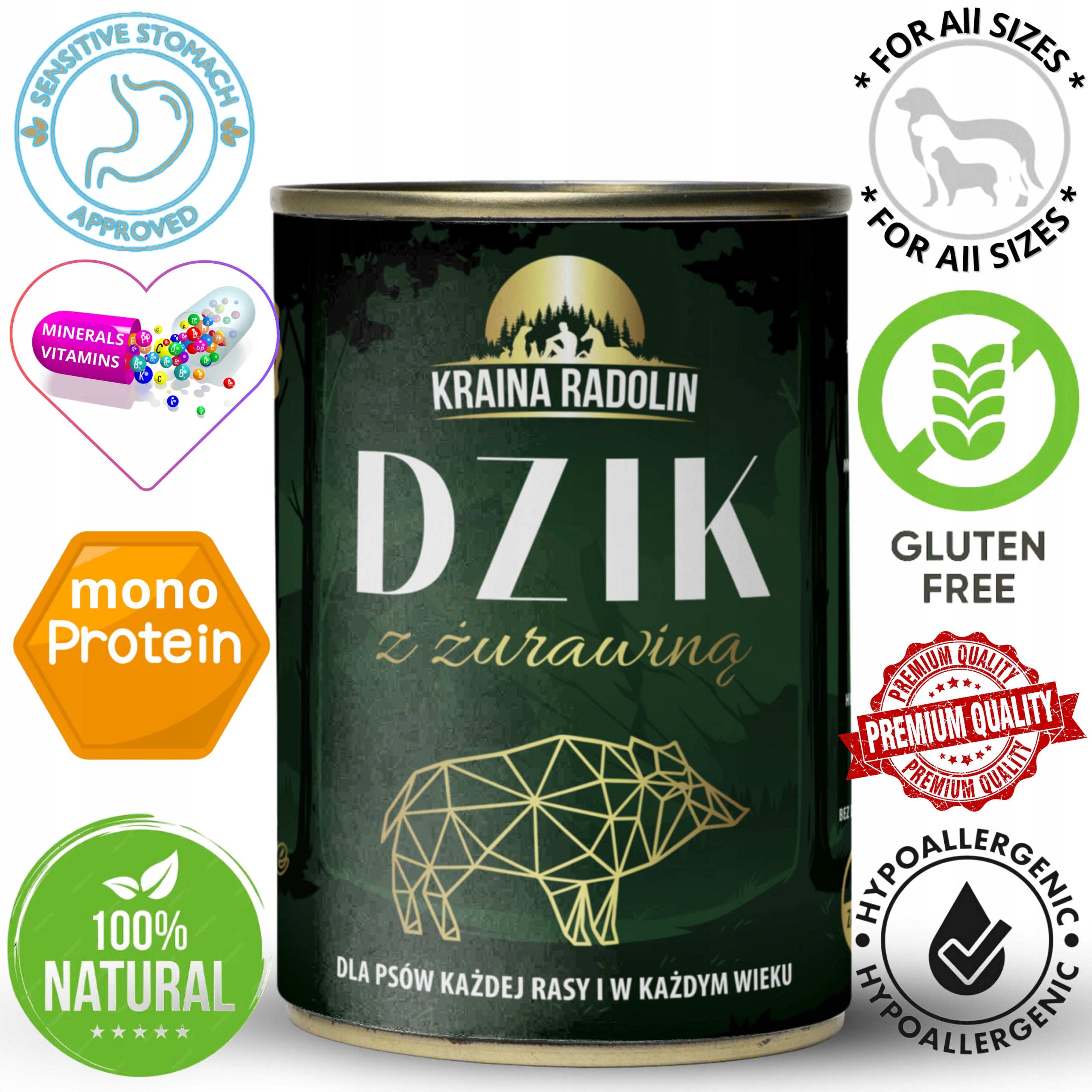 Kraina Radolin Dzik z żurawiną 400g 82% mięsa karma mokra dla alergików z nadwrażliwością pokarmową